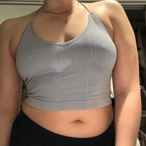 Blue Ribbed Halter Crop Top